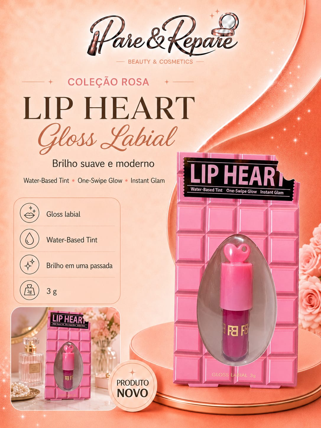 Lip Heart Gloss Labial Colecao Rosa 3g